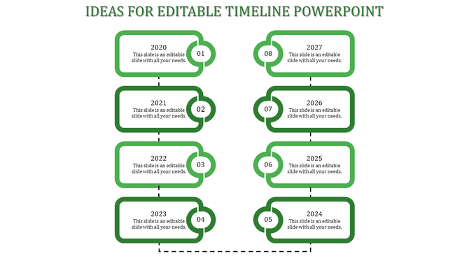 Green bordered timeline slide displaying years 2020 to 2027 in a structured format with placeholder text.