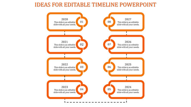 A timeline PPT slide with milestones from 2020 to 2027, represented by orange colored boxes with numbers and dotted lines.