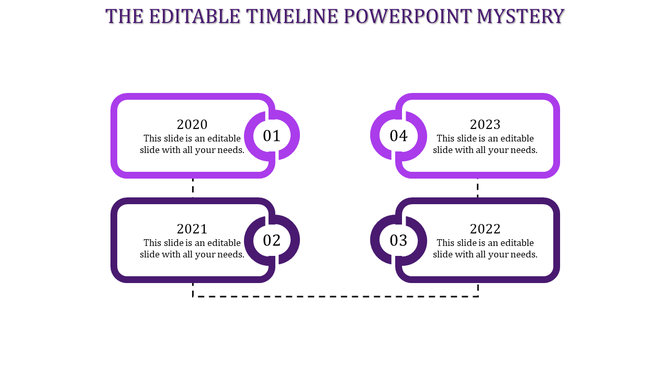 A simple timeline PPT slide displaying milestones from 2020 to 2023, with purple numbered boxes and dashed connecting lines.