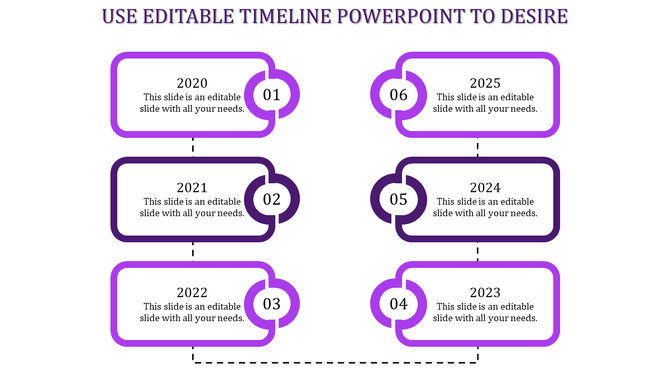 A timeline PPT slide featuring six years 2020 to 2025, each marked by a purple rectangular box and connected by dotted lines.