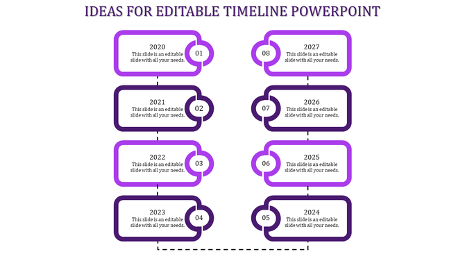 Vertical timeline featuring blue rectangular boxes labeled 2020 to 2027 with matching numbered circles.