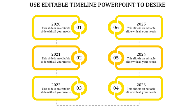 Structured yellow timeline with six rounded rectangular boxes, featuring numbered circles, and a dashed connecting line.