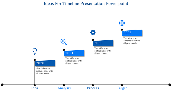 A timeline template featuring five steps with corresponding years from 2020 to 2023 and blue colored icons for each stage.