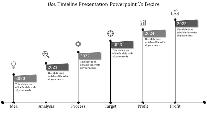 Timeline slide with six gray flag markers, featuring milestone years from 2020 to 2025 and connected vertical lines.