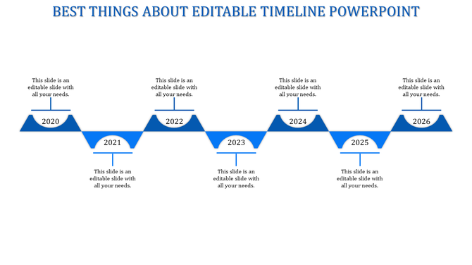 Zigzag shaped timeline template in blue with labeled years from 2020 to 2026 and placeholder text.