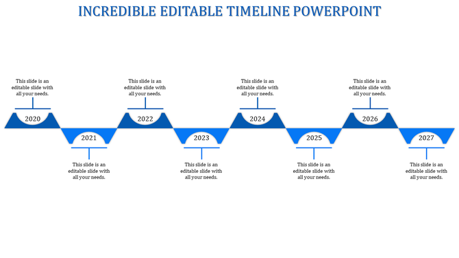 Horizontal blue timeline with eight triangular markers and years 2020 to 2027, each with text sections.