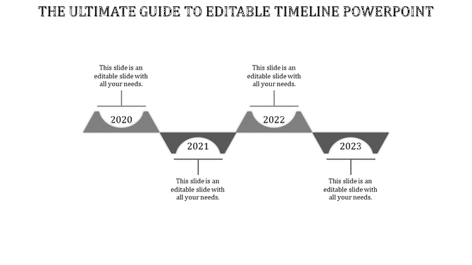 Timeline PowerPoint slide with grey triangular markers from 2020 to 2023, each year labeled and connected by lines.