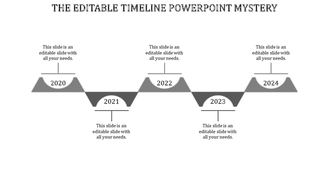Timeline PPT slide showing years 2020 to 2024 with grey triangle shaped milestones for each year with placeholder text.
