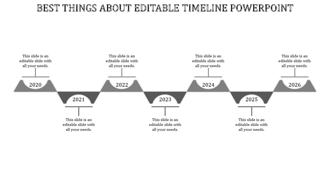 Timeline PowerPoint slide featuring seven years from 2020 to 2026 with labels and sections in a grey zigzag pattern.