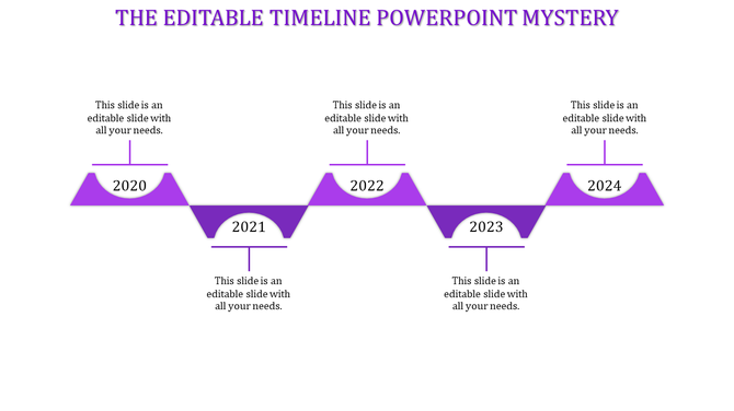 Timeline PowerPoint with purple triangular markers for 2020 to 2024, each year labeled with a corresponding caption.