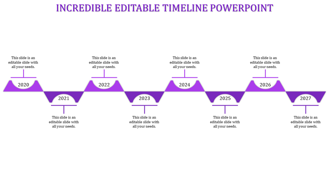 Purple themed timeline with alternating triangular shapes representing yearly milestones from 2020 to 2027.