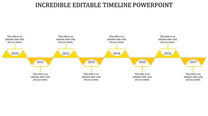 Timeline slide with years 2020 to 2027, featuring yellow triangular markers and a horizontal line with placeholder text.