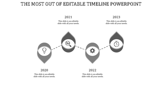 Timeline PPT slide with years 2020 to 2023, featuring grey icons for a lightbulb, magnifying glass, gear, and stopwatch.