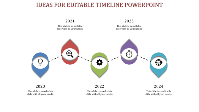 Modern timeline with a diagonal dotted path connecting teardrop-shaped year markers from 2020 to 2024, each containing icons.
