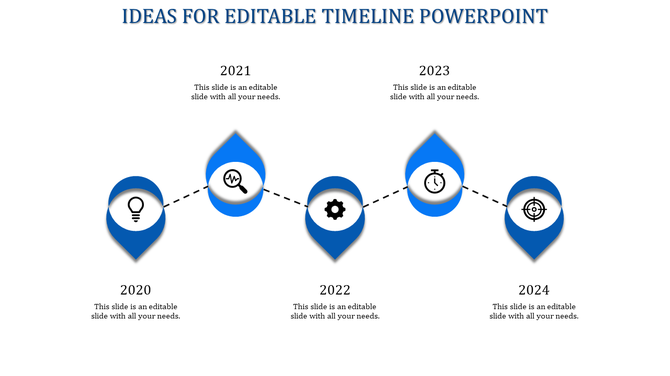 Blue and white timeline design with teardrop shaped points, linked by a dashed black line, showing five key steps.