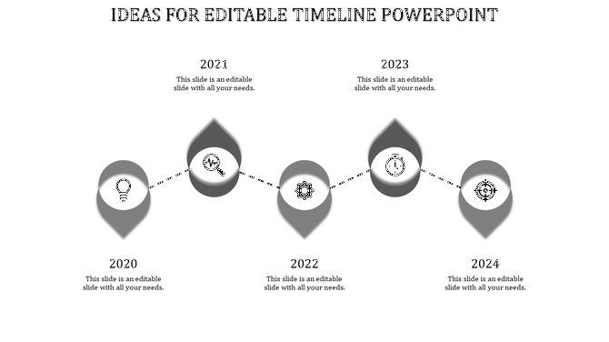 Timeline slide with years 2020 to 2024, featuring icons such as a lightbulb, magnifying glass, gear, stopwatch, and target.