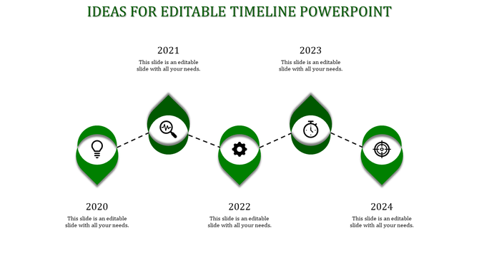 Timeline with green teardrop milestones for years 2020-2024, linked by a dotted path and connected to text placeholders.