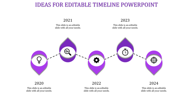 Timeline slide with years 2020 to 2024, featuring purple icons from lightbulb to target with placeholder text.