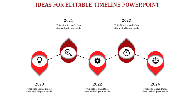 Five step timeline with red teardrop markers displaying years 2020-2024, connected by a dotted line and icons.