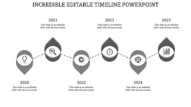 Timeline with six gray gradient markers in a zigzag layout, depicting milestones from 2020 to 2025.