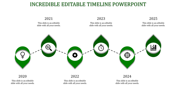Timeline PowerPoint slide with years 2020 to 2025, each year represented by a green marker with icons and placeholder text.