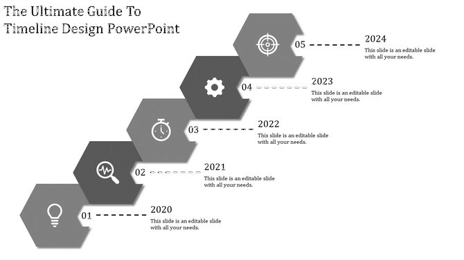 Stepwise grayscale timeline featuring hexagonal steps with white milestone icons, linked to years 2020-2024.