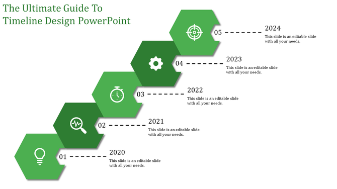 Bright green hexagon shaped timeline with black icons, labeled years from 2020 to 2024, following an upward path.