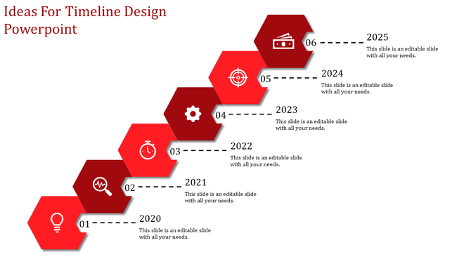 Modern red timeline with hexagonal blocks, white icons representing different milestones, and black dashed connectors.