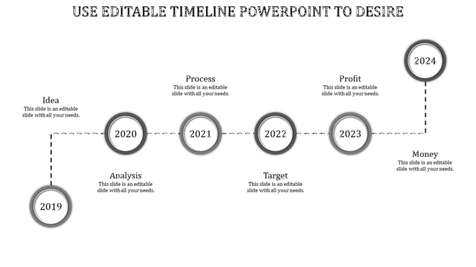 Timeline slide with six circular year markers in gray, linked in a dashed sequence, with key stages labeled on both sides.
