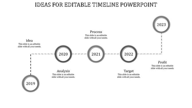 Timeline infographic with gray circular accents, showcasing a five year journey connected by a dashed path.