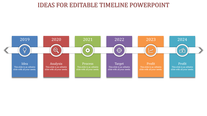 Multicolored timeline with a white arrow labeled from 2019 to 2024, linking circular icons to rectangular sections below.