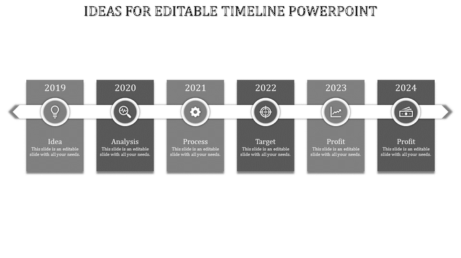 Horizontal timeline with six gray steps from 2019 to 2024, each labeled with a milestone and circlar icon.