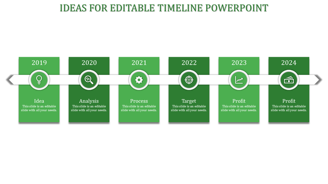 Timeline PowerPoint slide with years 2019 to 2024, marked by green year markers and icons with placeholder text.