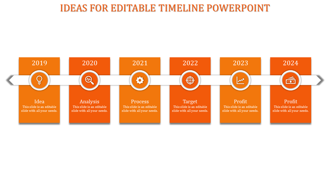 Modern timeline with a white horizontal arrow displaying years 2019 to 2024, each connected to orange vertical boxes.