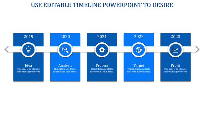Modern timeline with a white horizontal arrow displaying years 2019 to 2023, each connected to blue boxes with icons.