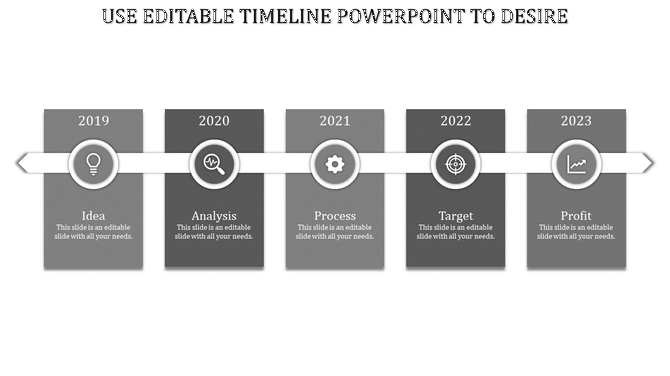 Timeline infographic featuring five gray blocks connected by a white arrow, tracking progress from idea to profit.