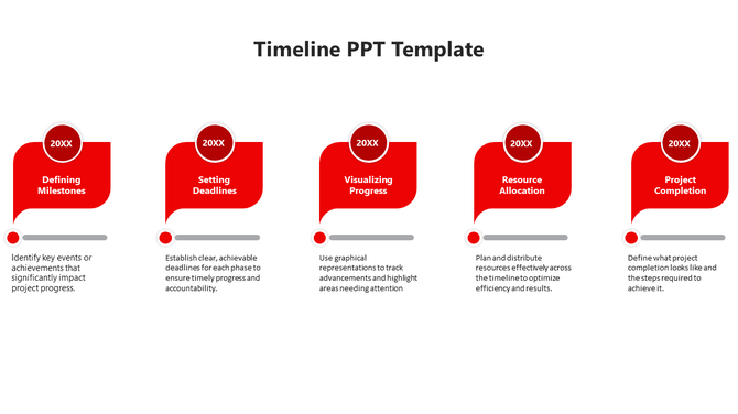 Minimalist red timeline with five steps, each containing a milestone and linked to a horizontal progress bar with dots.