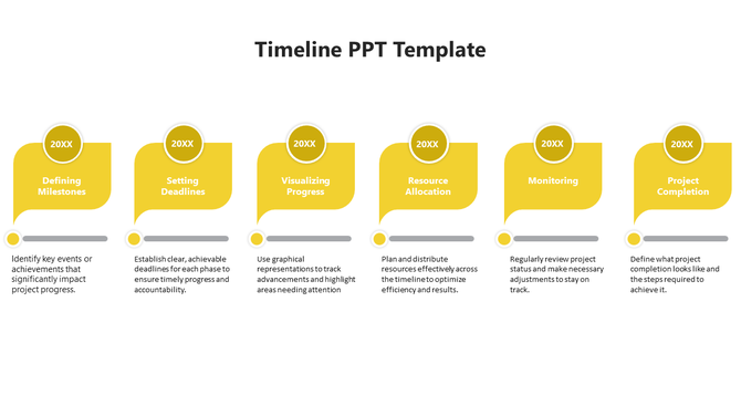 Minimalist yellow project timeline featuring six steps with rounded labels, each connected to a progress tracker with dots.