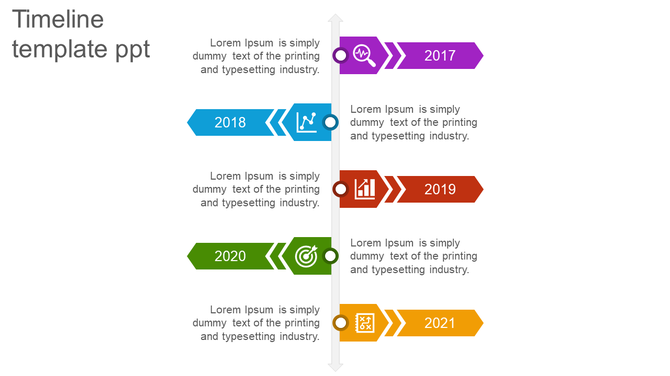 Vertical timeline with arrow-shaped segments, colored markers, and icons representing milestones from 2017 to 2021.