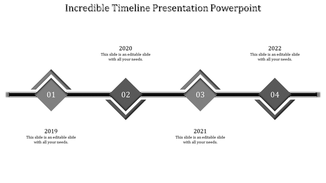 Monochrome timeline infographic with four 3D-style diamond markers positioned along a central black horizontal line.