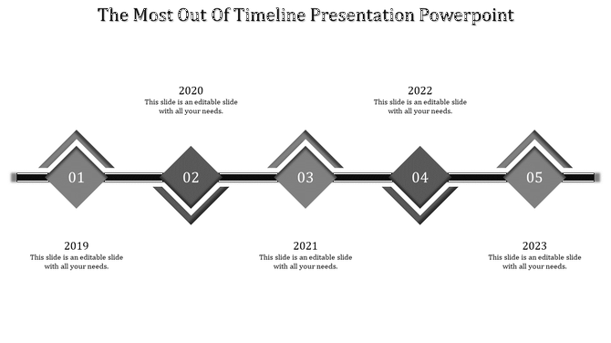 Timeline infographic featuring five gray diamonds, on a black connector, and evenly spaced milestone years.