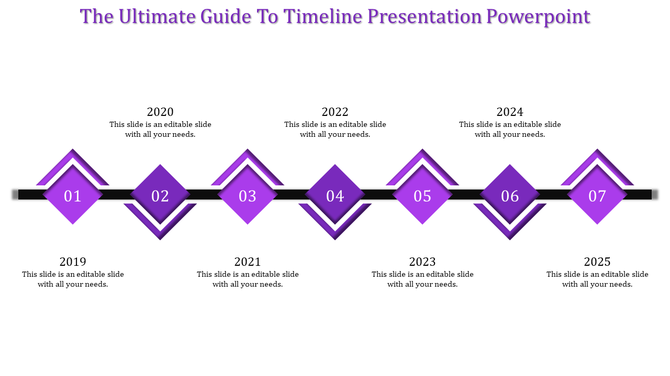 Timeline design with seven purple diamonds in light and dark shades, linked along a black horizontal line.