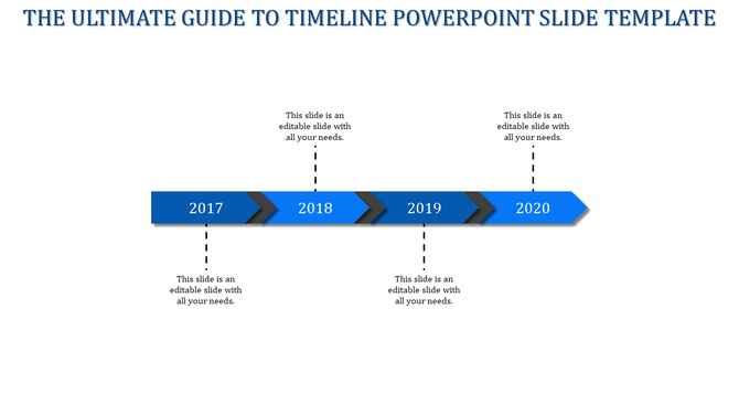 Timeline with a continuous blue arrow, featuring black chevron dividers, and milestone years from 2017 to 2020.