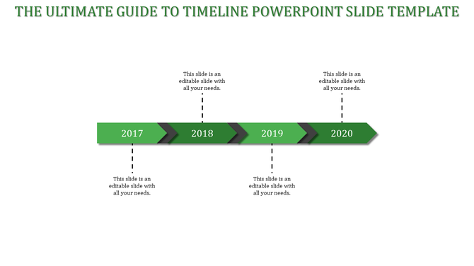 Horizontal timeline with four green arrow-shaped segments labeled 2017 to 2020, connected by black dividers.