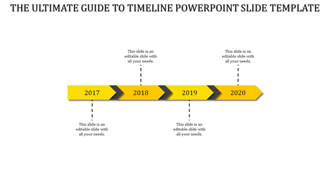 Four step timeline with yellow arrows representing years 2017 to 2020, arranged in a horizontal sequence with black dividers.