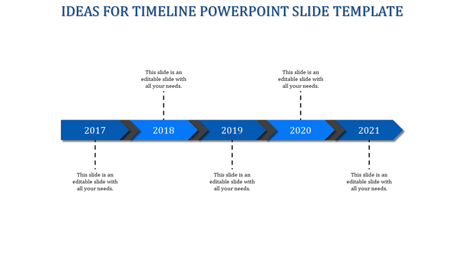 Timeline slide with a blue gradient arrow bar, featuring black dividers and milestone years from 2017 to 2021.