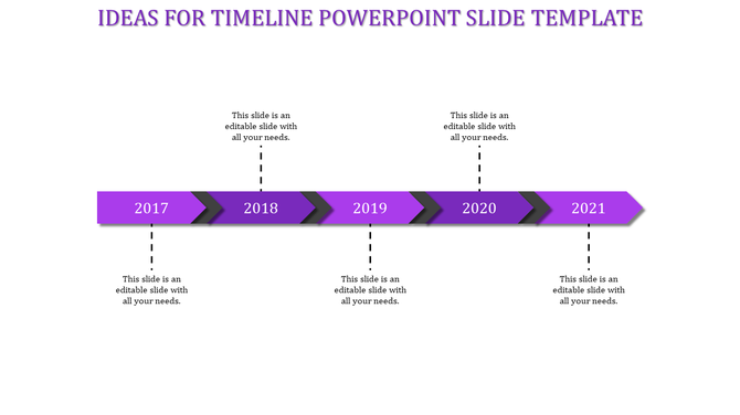 Horizontal timeline with purple arrow segments, black dividers, and milestone years from 2017 to 2021 on a white background.