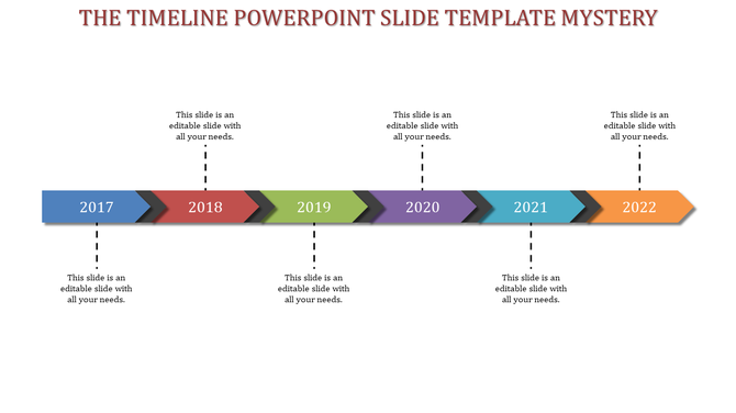 Timeline PowerPoint template with color coded arrows from 2017 to 2022, connected by dotted lines with placeholder text.