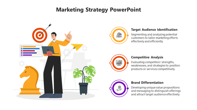 Illustrated man holding a laptop with target, chess piece, and three circular icons, representing strategy concepts.