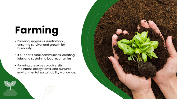 Farm slide with hands holding soil and green plant, brown soil background, green shapes, and text holders.